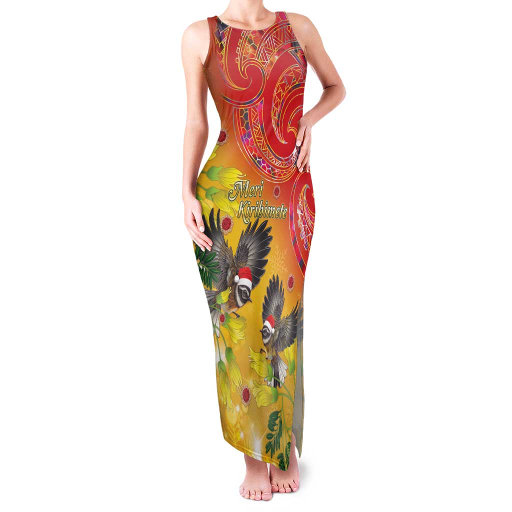 New Zealand Piwakawaka Christmas Family Matching Tank Maxi Dress and Hawaiian Shirt With Maori Pattern LT05 Mom's Dress Yellow - Polynesian Pride