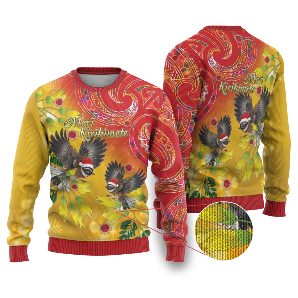 New Zealand Piwakawaka Christmas Ugly Christmas Sweater With Maori Pattern LT05 Yellow - Polynesian Pride