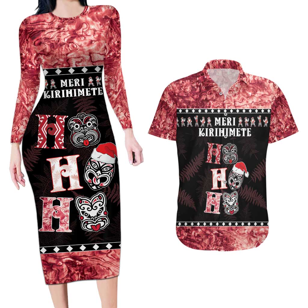 Personalised New Zealand Tiki Christmas Couples Matching Long Sleeve Bodycon Dress and Hawaiian Shirt Ho Ho Ho Paua Shell Glitter Red LT05 Black - Polynesian Pride