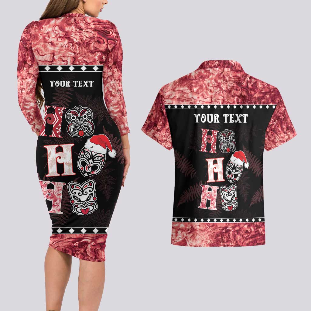 Personalised New Zealand Tiki Christmas Couples Matching Long Sleeve Bodycon Dress and Hawaiian Shirt Ho Ho Ho Paua Shell Glitter Red LT05 - Polynesian Pride