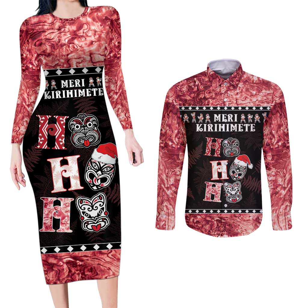 Personalised New Zealand Tiki Christmas Couples Matching Long Sleeve Bodycon Dress and Long Sleeve Button Shirt Ho Ho Ho Paua Shell Glitter Red LT05 Black - Polynesian Pride