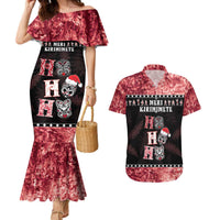 Personalised New Zealand Tiki Christmas Couples Matching Mermaid Dress and Hawaiian Shirt Ho Ho Ho Paua Shell Glitter Red LT05 Black - Polynesian Pride