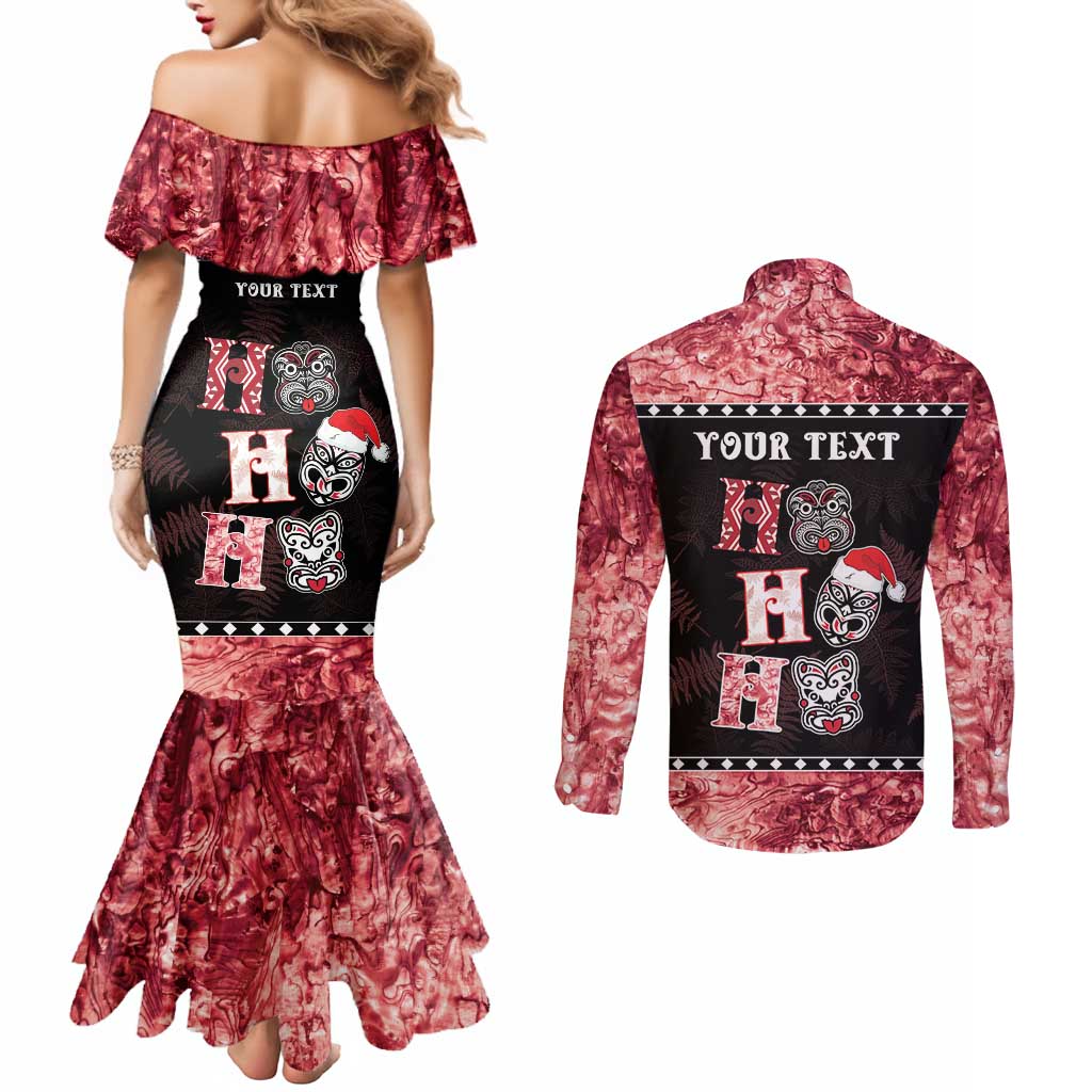 Personalised New Zealand Tiki Christmas Couples Matching Mermaid Dress and Long Sleeve Button Shirt Ho Ho Ho Paua Shell Glitter Red LT05 - Polynesian Pride