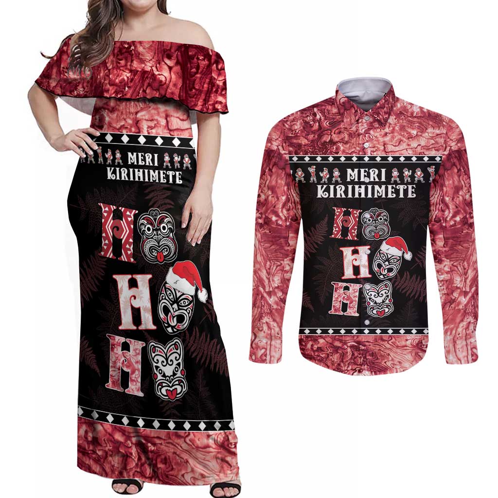 Personalised New Zealand Tiki Christmas Couples Matching Off Shoulder Maxi Dress and Long Sleeve Button Shirt Ho Ho Ho Paua Shell Glitter Red LT05 Black - Polynesian Pride