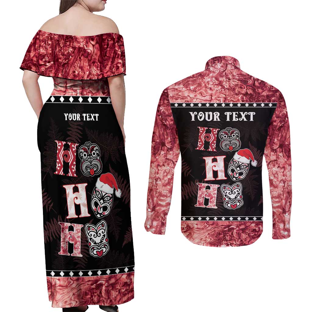 Personalised New Zealand Tiki Christmas Couples Matching Off Shoulder Maxi Dress and Long Sleeve Button Shirt Ho Ho Ho Paua Shell Glitter Red LT05 - Polynesian Pride