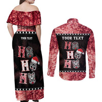 Personalised New Zealand Tiki Christmas Couples Matching Off Shoulder Maxi Dress and Long Sleeve Button Shirt Ho Ho Ho Paua Shell Glitter Red LT05 - Polynesian Pride