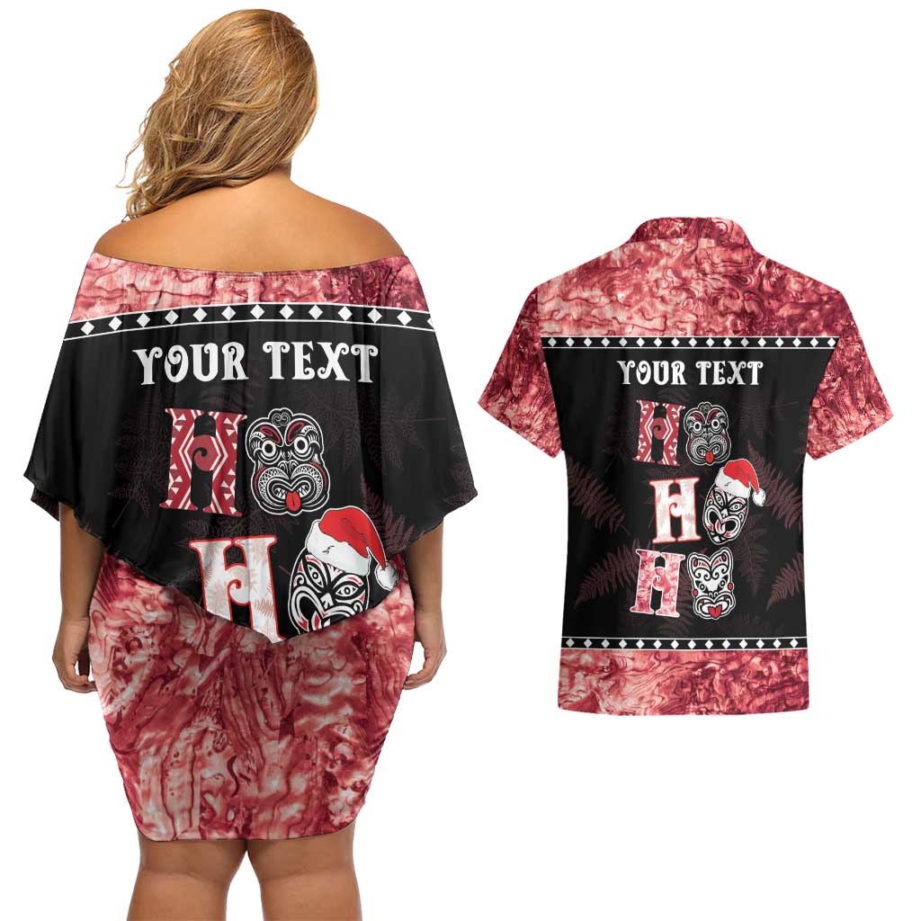 Personalised New Zealand Tiki Christmas Couples Matching Off Shoulder Short Dress and Hawaiian Shirt Ho Ho Ho Paua Shell Glitter Red LT05 - Polynesian Pride