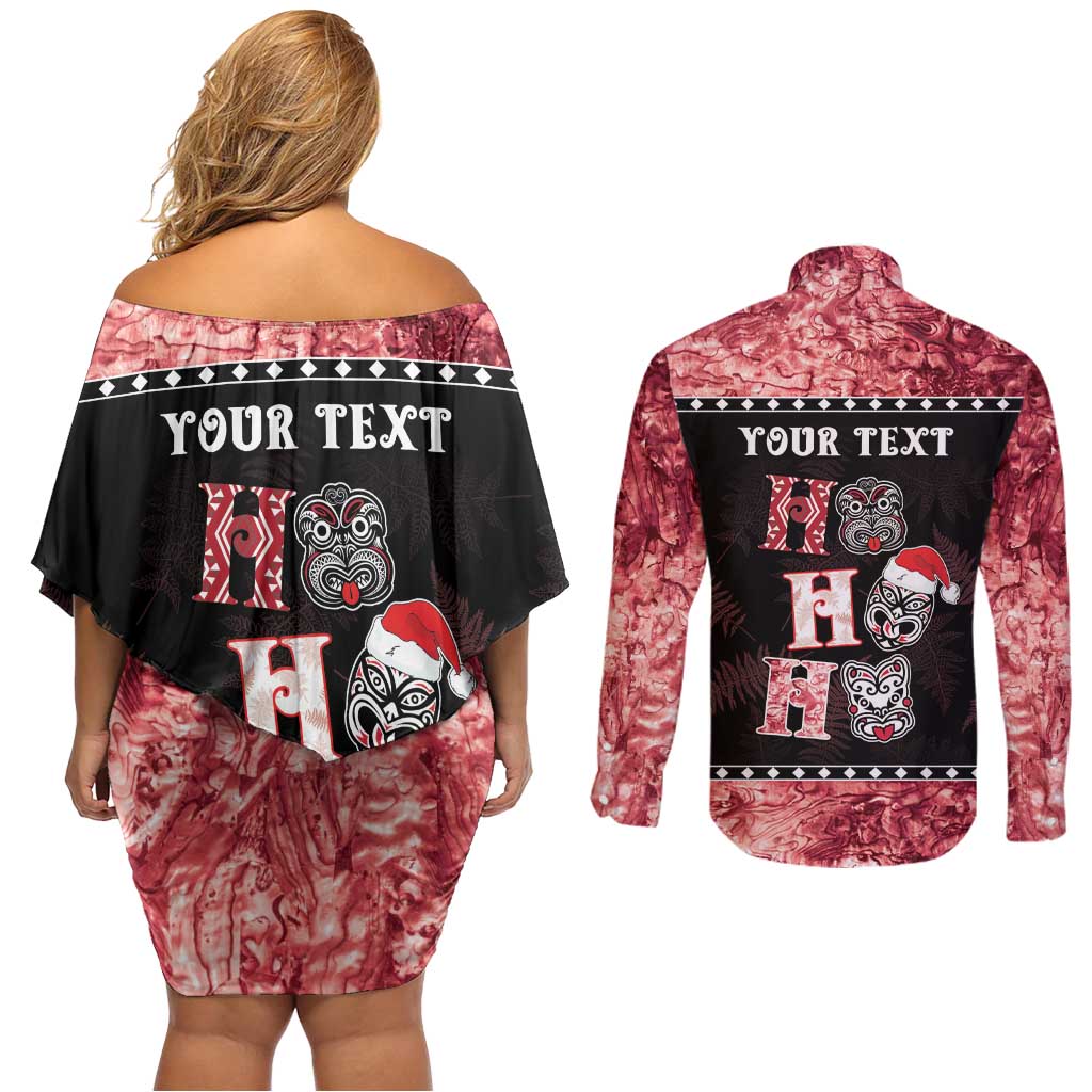 Personalised New Zealand Tiki Christmas Couples Matching Off Shoulder Short Dress and Long Sleeve Button Shirt Ho Ho Ho Paua Shell Glitter Red LT05 - Polynesian Pride