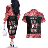 Personalised New Zealand Tiki Christmas Couples Matching Off The Shoulder Long Sleeve Dress and Hawaiian Shirt Ho Ho Ho Paua Shell Glitter Red LT05 - Polynesian Pride
