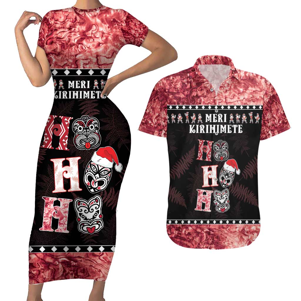 Personalised New Zealand Tiki Christmas Couples Matching Short Sleeve Bodycon Dress and Hawaiian Shirt Ho Ho Ho Paua Shell Glitter Red LT05 Black - Polynesian Pride