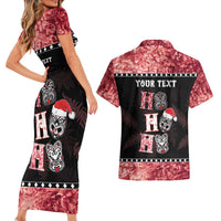 Personalised New Zealand Tiki Christmas Couples Matching Short Sleeve Bodycon Dress and Hawaiian Shirt Ho Ho Ho Paua Shell Glitter Red LT05 - Polynesian Pride