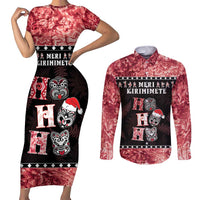 Personalised New Zealand Tiki Christmas Couples Matching Short Sleeve Bodycon Dress and Long Sleeve Button Shirt Ho Ho Ho Paua Shell Glitter Red LT05 Black - Polynesian Pride