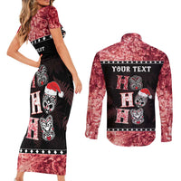 Personalised New Zealand Tiki Christmas Couples Matching Short Sleeve Bodycon Dress and Long Sleeve Button Shirt Ho Ho Ho Paua Shell Glitter Red LT05 - Polynesian Pride