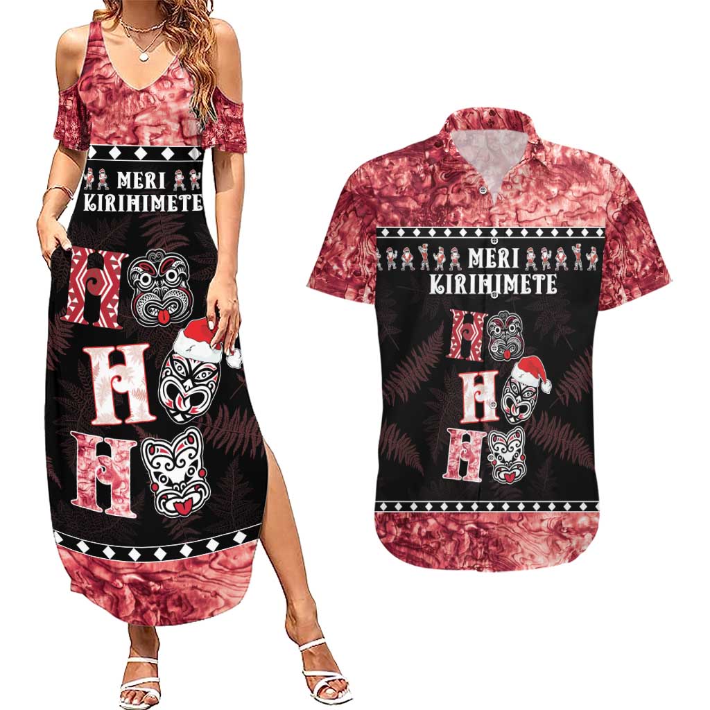 Personalised New Zealand Tiki Christmas Couples Matching Summer Maxi Dress and Hawaiian Shirt Ho Ho Ho Paua Shell Glitter Red LT05 Black - Polynesian Pride