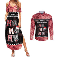 Personalised New Zealand Tiki Christmas Couples Matching Summer Maxi Dress and Long Sleeve Button Shirt Ho Ho Ho Paua Shell Glitter Red LT05 Black - Polynesian Pride