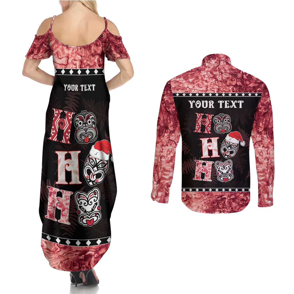 Personalised New Zealand Tiki Christmas Couples Matching Summer Maxi Dress and Long Sleeve Button Shirt Ho Ho Ho Paua Shell Glitter Red LT05 - Polynesian Pride