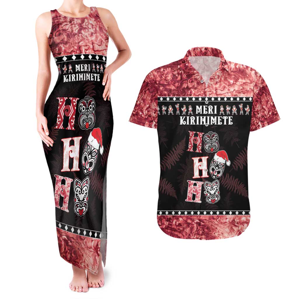 Personalised New Zealand Tiki Christmas Couples Matching Tank Maxi Dress and Hawaiian Shirt Ho Ho Ho Paua Shell Glitter Red LT05 Black - Polynesian Pride