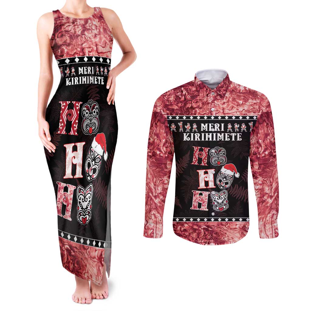 Personalised New Zealand Tiki Christmas Couples Matching Tank Maxi Dress and Long Sleeve Button Shirt Ho Ho Ho Paua Shell Glitter Red LT05 Black - Polynesian Pride