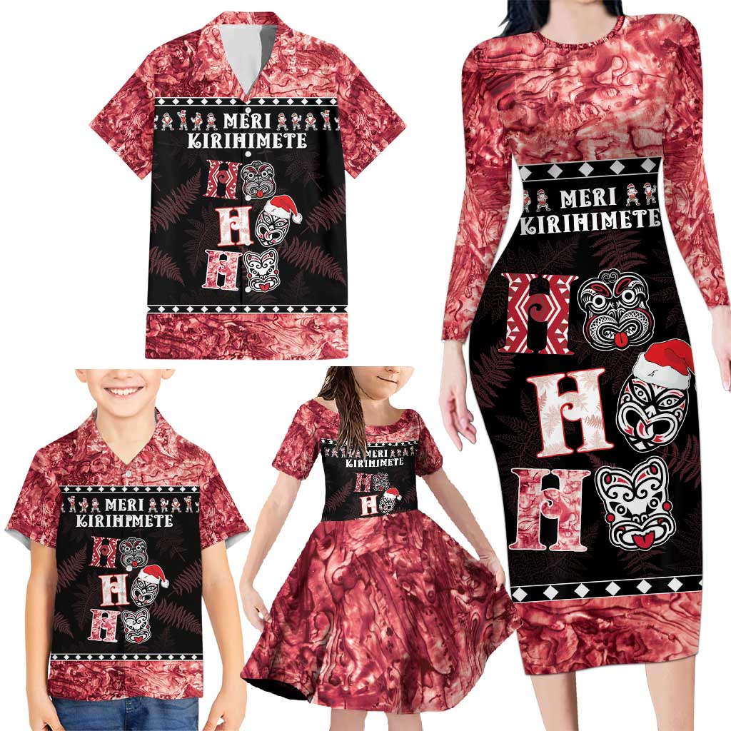 Personalised New Zealand Tiki Christmas Family Matching Long Sleeve Bodycon Dress and Hawaiian Shirt Ho Ho Ho Paua Shell Glitter Red LT05 - Polynesian Pride