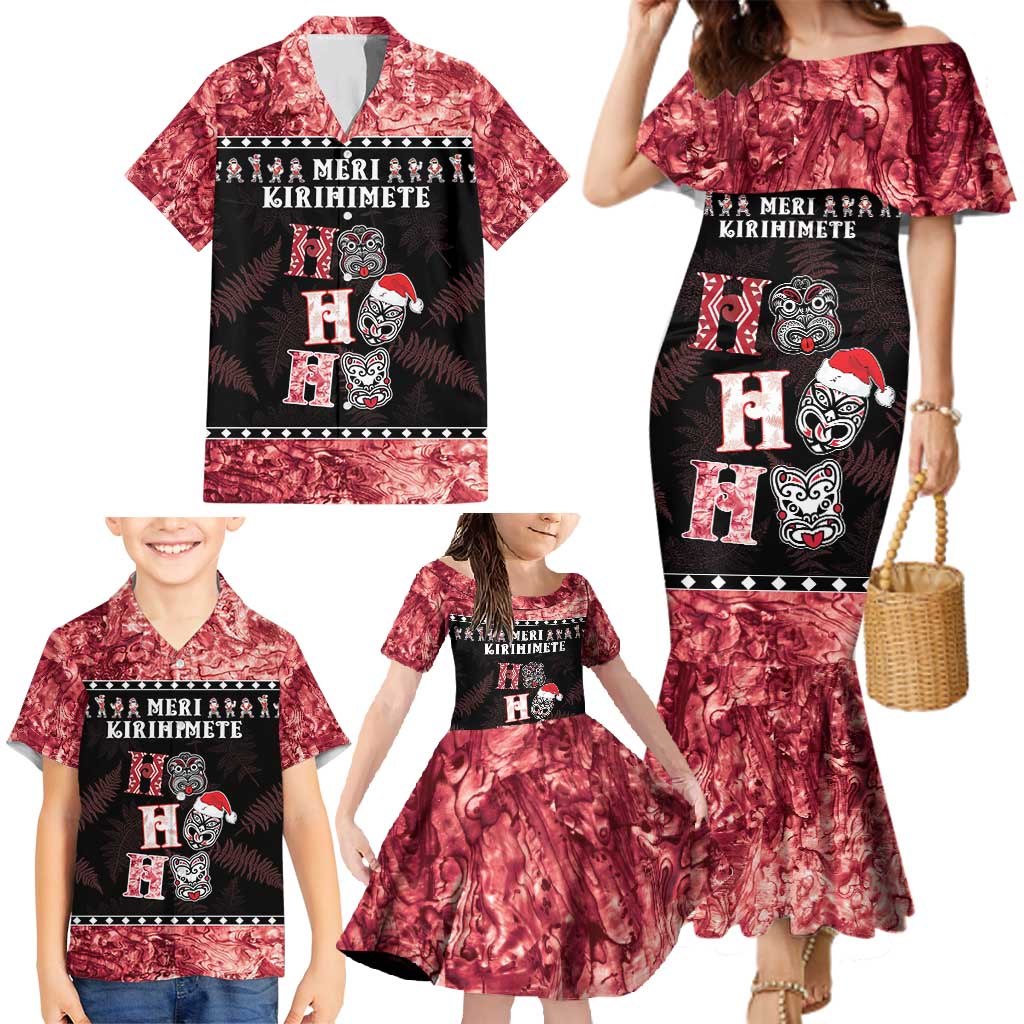 Personalised New Zealand Tiki Christmas Family Matching Mermaid Dress and Hawaiian Shirt Ho Ho Ho Paua Shell Glitter Red LT05 - Polynesian Pride
