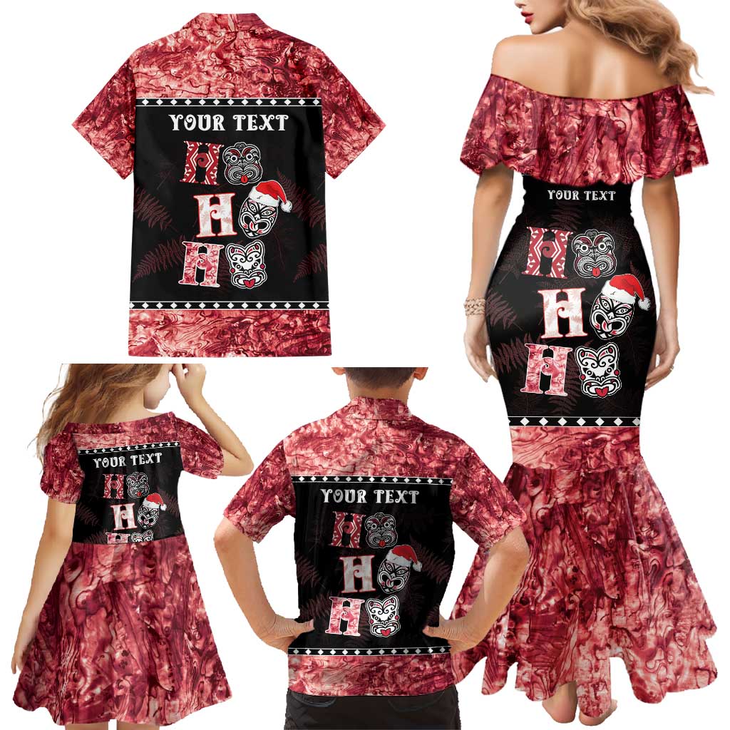 Personalised New Zealand Tiki Christmas Family Matching Mermaid Dress and Hawaiian Shirt Ho Ho Ho Paua Shell Glitter Red LT05 - Polynesian Pride