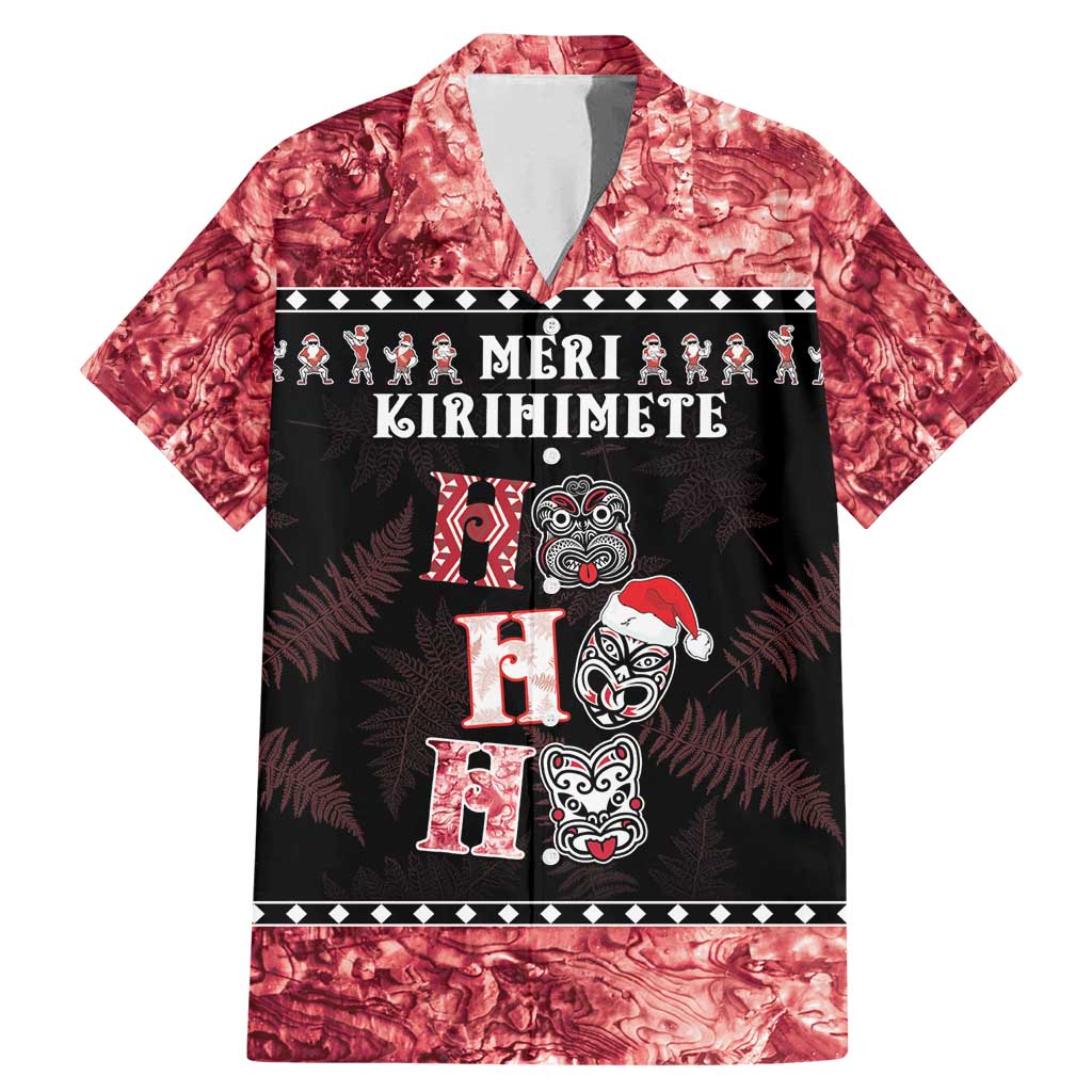 Personalised New Zealand Tiki Christmas Family Matching Mermaid Dress and Hawaiian Shirt Ho Ho Ho Paua Shell Glitter Red LT05 Dad's Shirt - Short Sleeve Black - Polynesian Pride