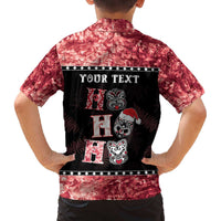 Personalised New Zealand Tiki Christmas Family Matching Off The Shoulder Long Sleeve Dress and Hawaiian Shirt Ho Ho Ho Paua Shell Glitter Red LT05 - Polynesian Pride