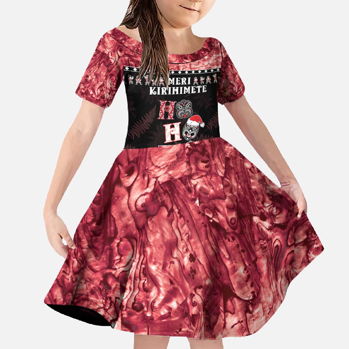 Personalised New Zealand Tiki Christmas Family Matching Off The Shoulder Long Sleeve Dress and Hawaiian Shirt Ho Ho Ho Paua Shell Glitter Red LT05 Daughter's Dress Black - Polynesian Pride
