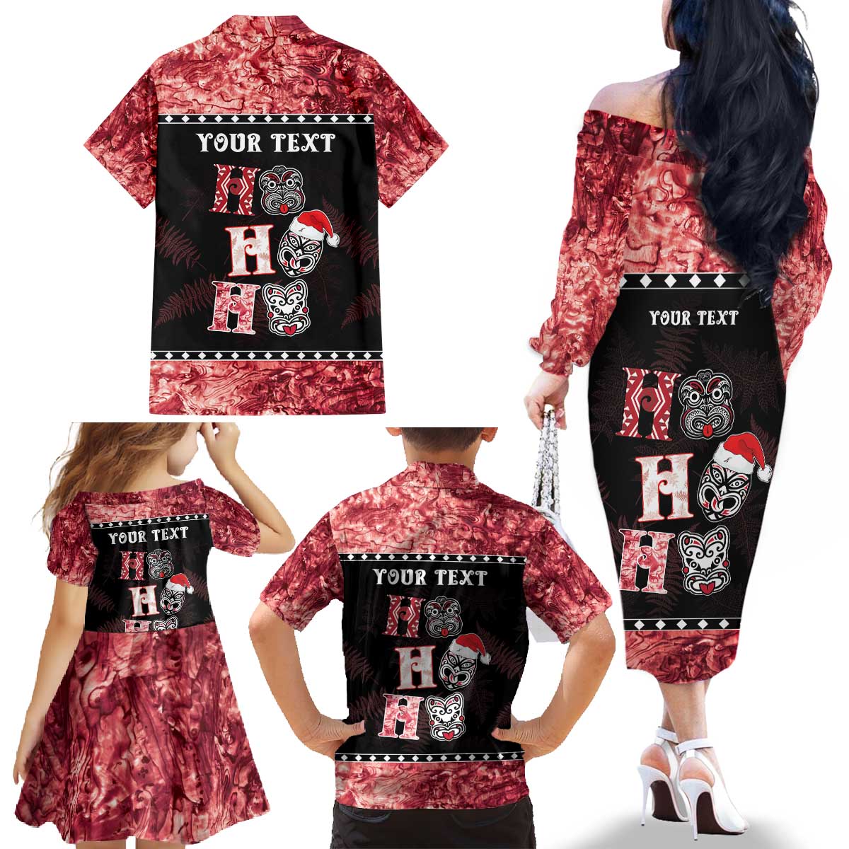 Personalised New Zealand Tiki Christmas Family Matching Off The Shoulder Long Sleeve Dress and Hawaiian Shirt Ho Ho Ho Paua Shell Glitter Red LT05 - Polynesian Pride