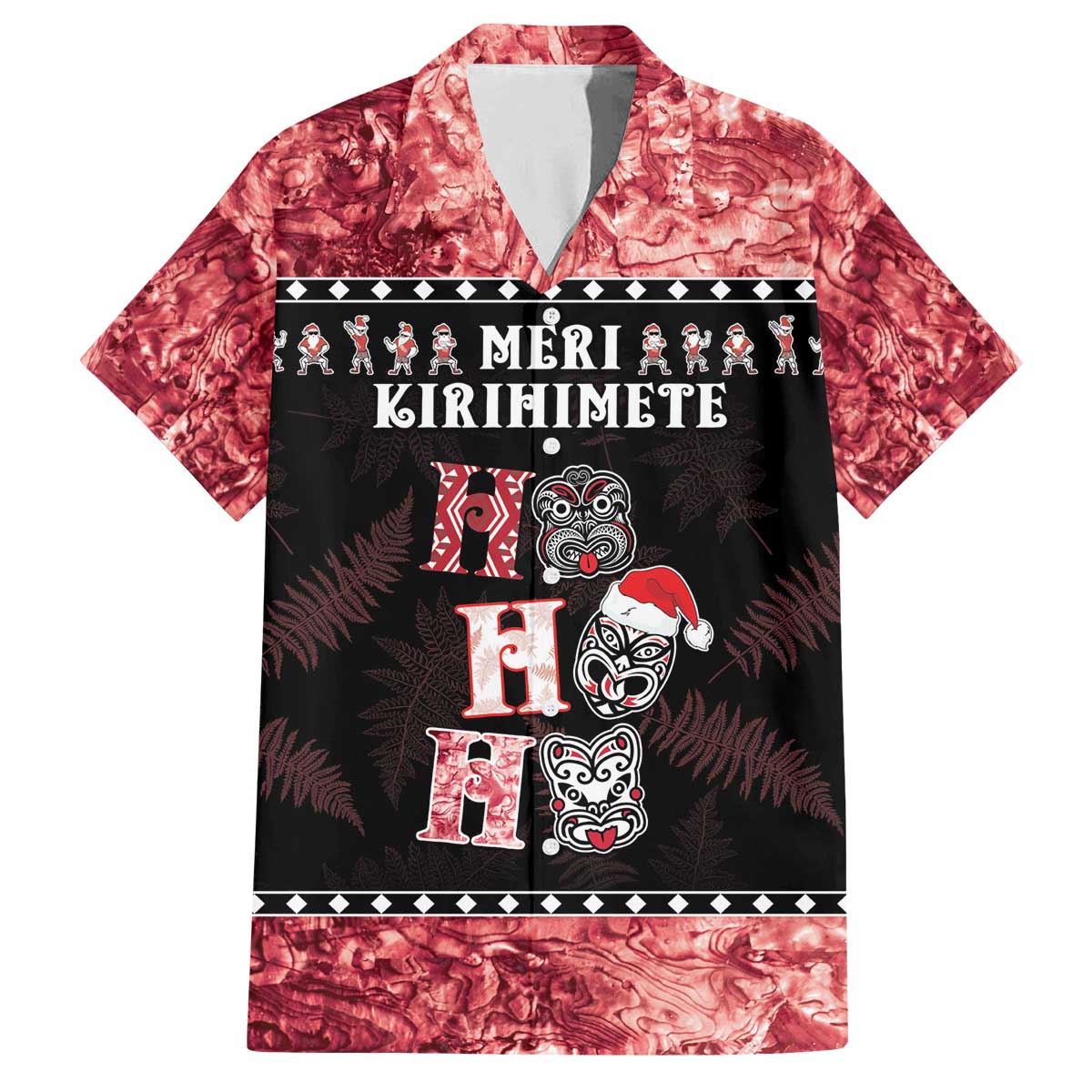 Personalised New Zealand Tiki Christmas Family Matching Off The Shoulder Long Sleeve Dress and Hawaiian Shirt Ho Ho Ho Paua Shell Glitter Red LT05 Dad's Shirt - Short Sleeve Black - Polynesian Pride