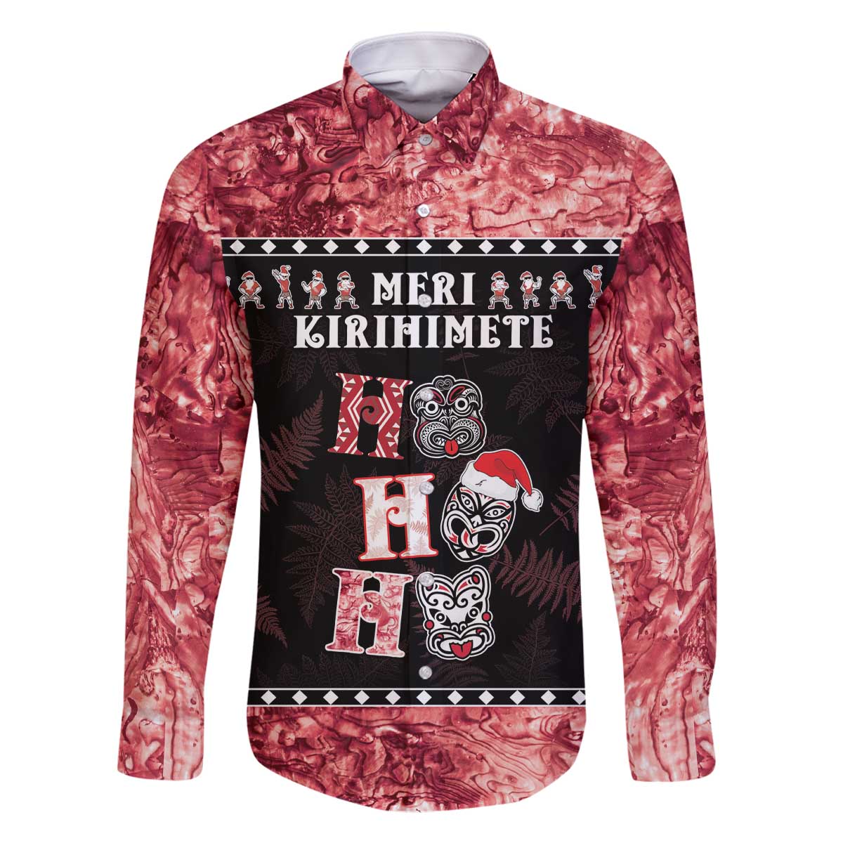 Personalised New Zealand Tiki Christmas Family Matching Off The Shoulder Long Sleeve Dress and Hawaiian Shirt Ho Ho Ho Paua Shell Glitter Red LT05 Dad's Shirt - Long Sleeve Black - Polynesian Pride