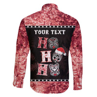 Personalised New Zealand Tiki Christmas Family Matching Off The Shoulder Long Sleeve Dress and Hawaiian Shirt Ho Ho Ho Paua Shell Glitter Red LT05 - Polynesian Pride