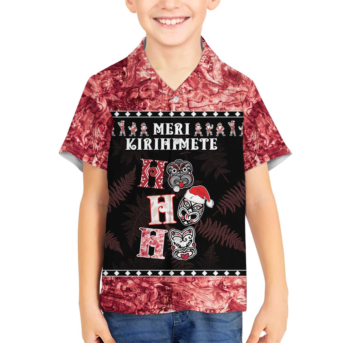 Personalised New Zealand Tiki Christmas Family Matching Off The Shoulder Long Sleeve Dress and Hawaiian Shirt Ho Ho Ho Paua Shell Glitter Red LT05 Son's Shirt Black - Polynesian Pride