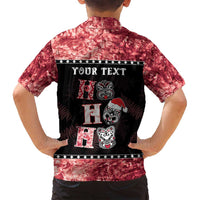 Personalised New Zealand Tiki Christmas Family Matching Off Shoulder Maxi Dress and Hawaiian Shirt Ho Ho Ho Paua Shell Glitter Red LT05 - Polynesian Pride