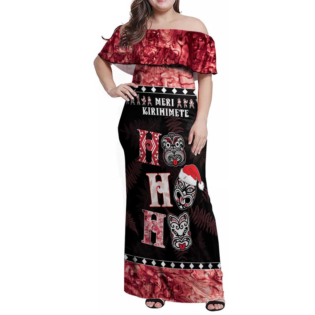 Personalised New Zealand Tiki Christmas Family Matching Off Shoulder Maxi Dress and Hawaiian Shirt Ho Ho Ho Paua Shell Glitter Red LT05 Mom's Dress Black - Polynesian Pride