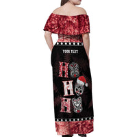 Personalised New Zealand Tiki Christmas Family Matching Off Shoulder Maxi Dress and Hawaiian Shirt Ho Ho Ho Paua Shell Glitter Red LT05 - Polynesian Pride