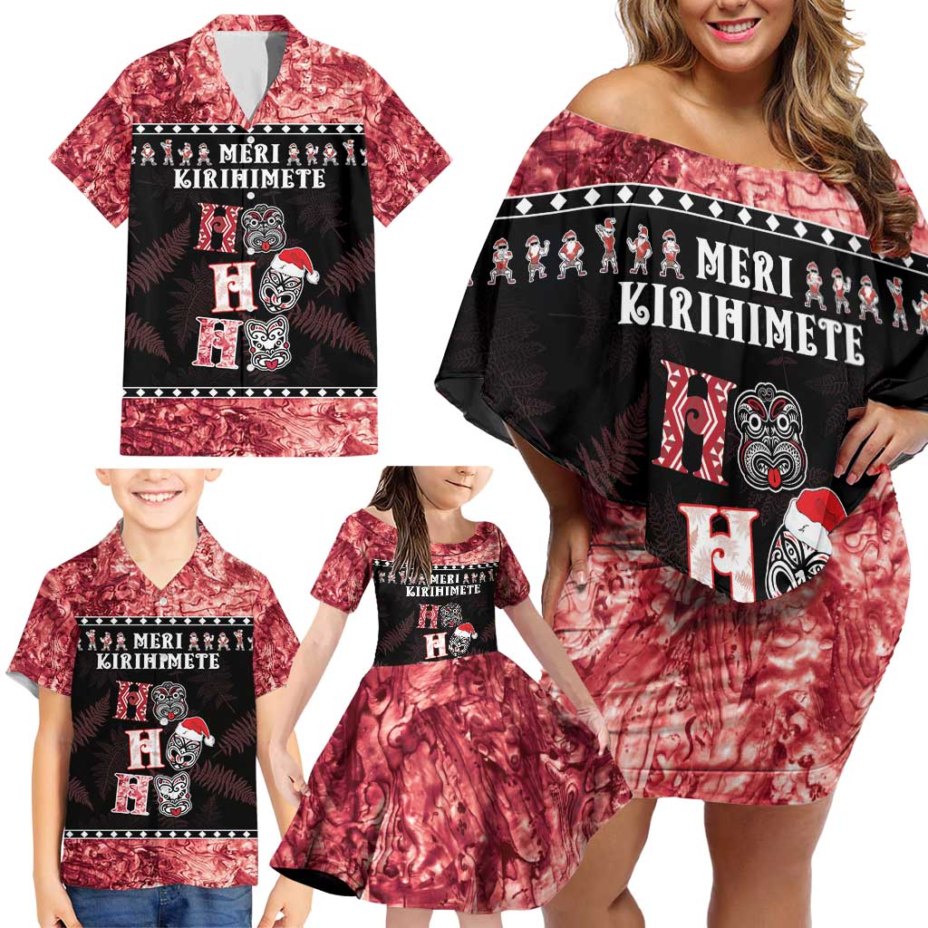 Personalised New Zealand Tiki Christmas Family Matching Off Shoulder Short Dress and Hawaiian Shirt Ho Ho Ho Paua Shell Glitter Red LT05 - Polynesian Pride