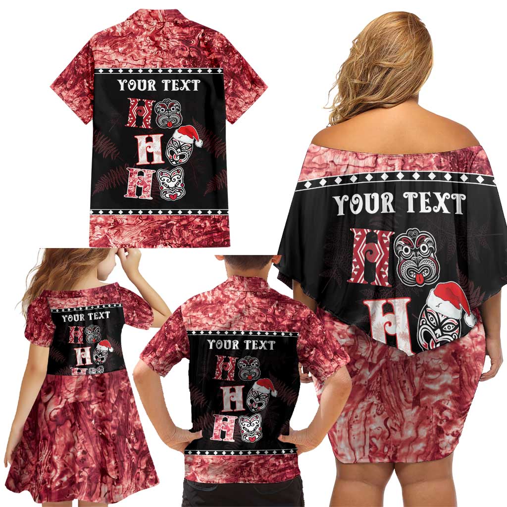 Personalised New Zealand Tiki Christmas Family Matching Off Shoulder Short Dress and Hawaiian Shirt Ho Ho Ho Paua Shell Glitter Red LT05 - Polynesian Pride