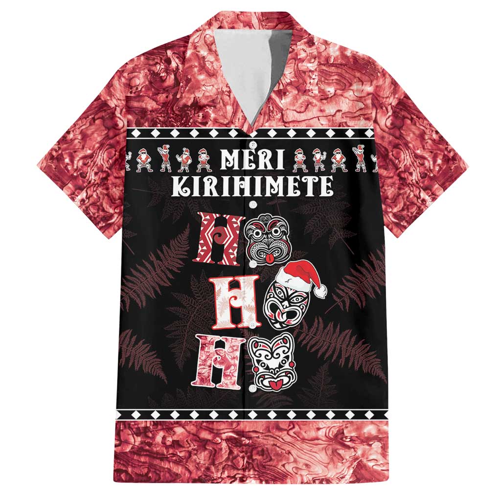Personalised New Zealand Tiki Christmas Family Matching Off Shoulder Short Dress and Hawaiian Shirt Ho Ho Ho Paua Shell Glitter Red LT05 Dad's Shirt - Short Sleeve Black - Polynesian Pride