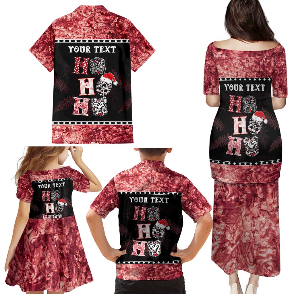 Personalised New Zealand Tiki Christmas Family Matching Puletasi and Hawaiian Shirt Ho Ho Ho Paua Shell Glitter Red LT05 - Polynesian Pride