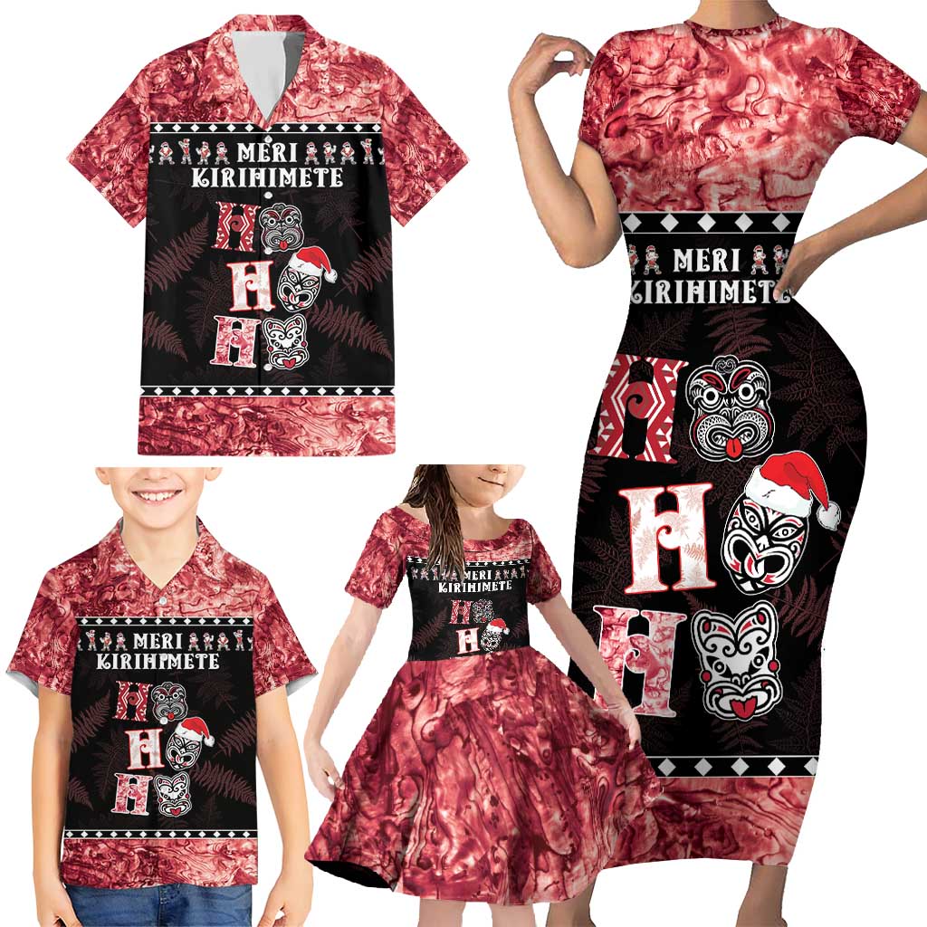 Personalised New Zealand Tiki Christmas Family Matching Short Sleeve Bodycon Dress and Hawaiian Shirt Ho Ho Ho Paua Shell Glitter Red LT05 - Polynesian Pride