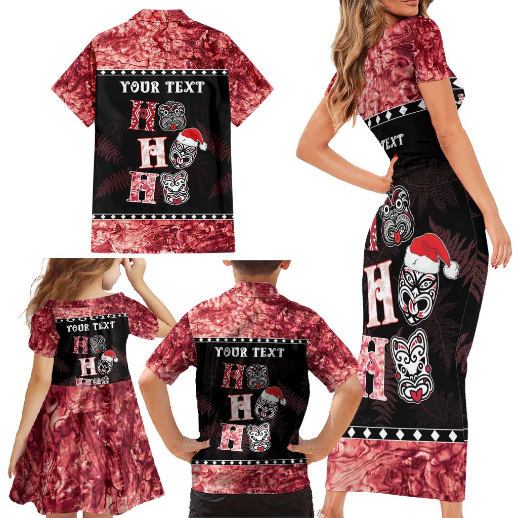 Personalised New Zealand Tiki Christmas Family Matching Short Sleeve Bodycon Dress and Hawaiian Shirt Ho Ho Ho Paua Shell Glitter Red LT05 - Polynesian Pride