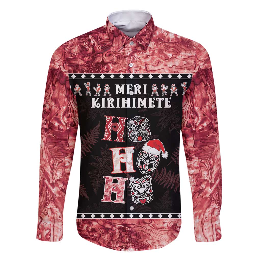 Personalised New Zealand Tiki Christmas Family Matching Short Sleeve Bodycon Dress and Hawaiian Shirt Ho Ho Ho Paua Shell Glitter Red LT05 Dad's Shirt - Long Sleeve Black - Polynesian Pride