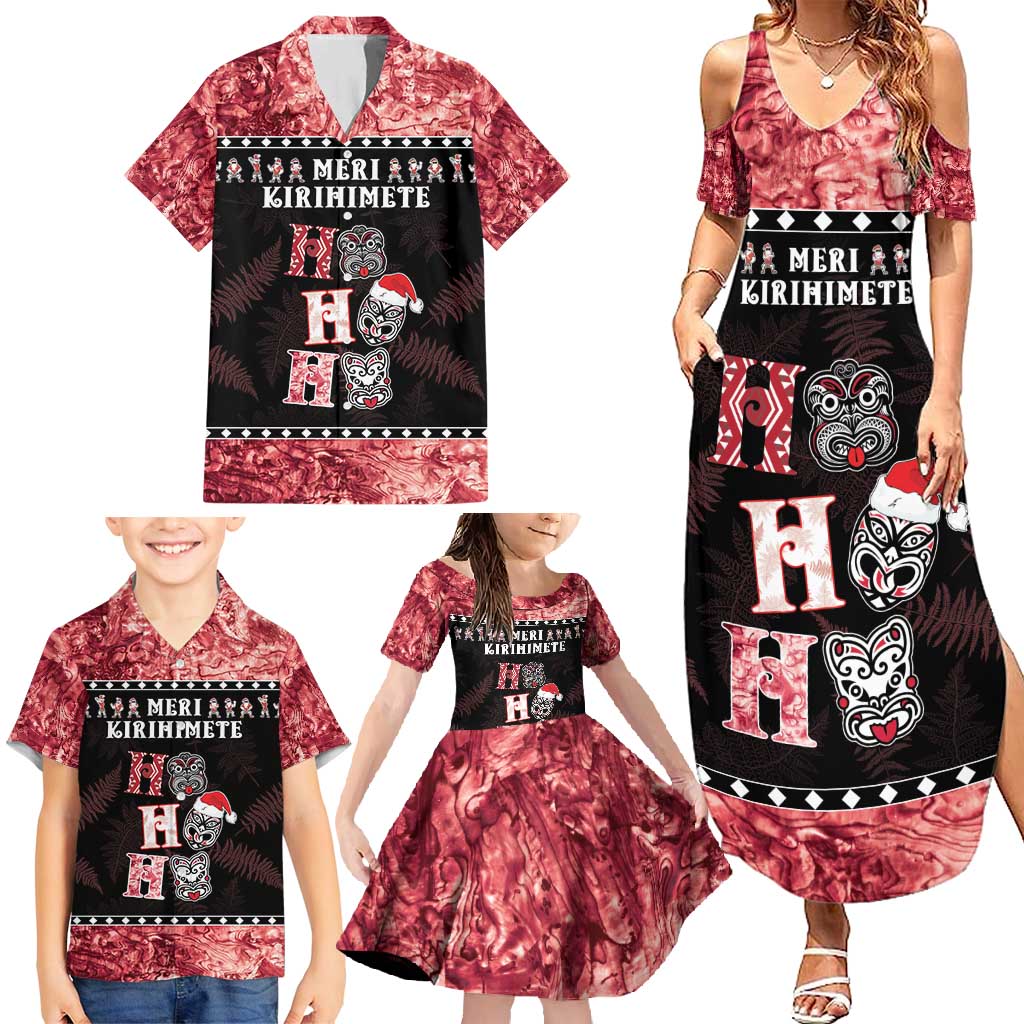 Personalised New Zealand Tiki Christmas Family Matching Summer Maxi Dress and Hawaiian Shirt Ho Ho Ho Paua Shell Glitter Red LT05 - Polynesian Pride