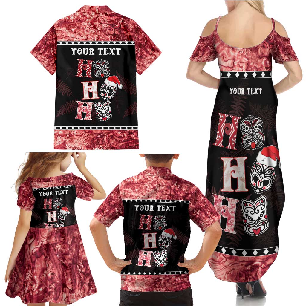 Personalised New Zealand Tiki Christmas Family Matching Summer Maxi Dress and Hawaiian Shirt Ho Ho Ho Paua Shell Glitter Red LT05 - Polynesian Pride