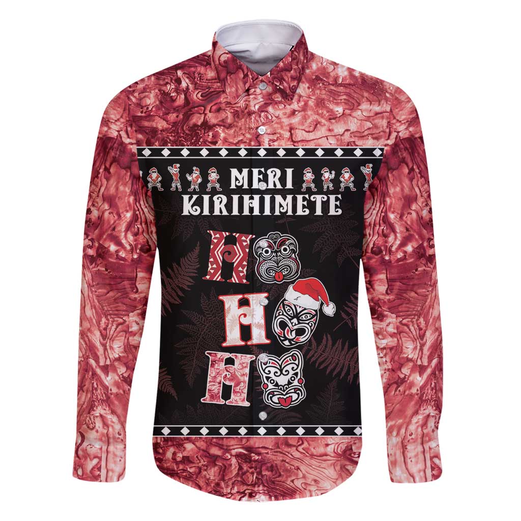 Personalised New Zealand Tiki Christmas Family Matching Summer Maxi Dress and Hawaiian Shirt Ho Ho Ho Paua Shell Glitter Red LT05 Dad's Shirt - Long Sleeve Black - Polynesian Pride