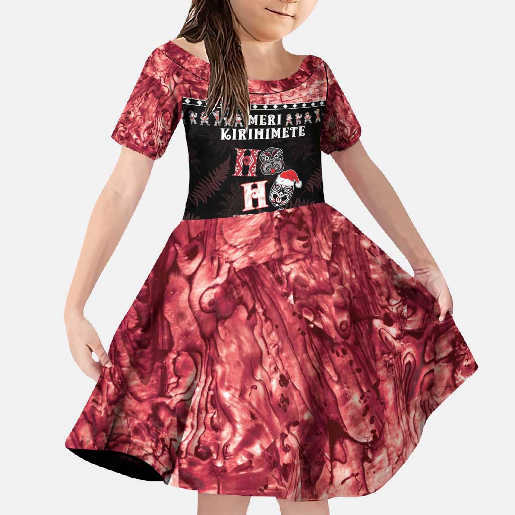 Personalised New Zealand Tiki Christmas Family Matching Tank Maxi Dress and Hawaiian Shirt Ho Ho Ho Paua Shell Glitter Red LT05 Daughter's Dress Black - Polynesian Pride