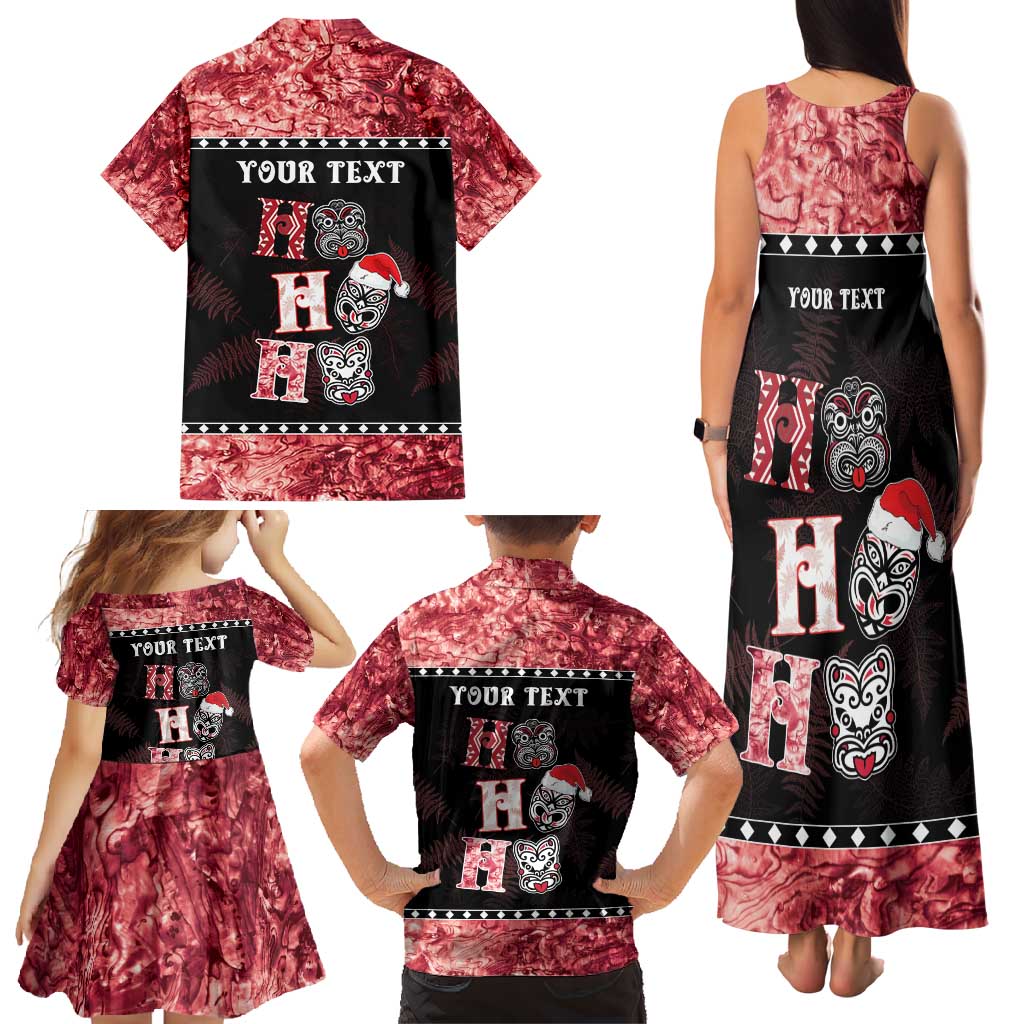 Personalised New Zealand Tiki Christmas Family Matching Tank Maxi Dress and Hawaiian Shirt Ho Ho Ho Paua Shell Glitter Red LT05 - Polynesian Pride