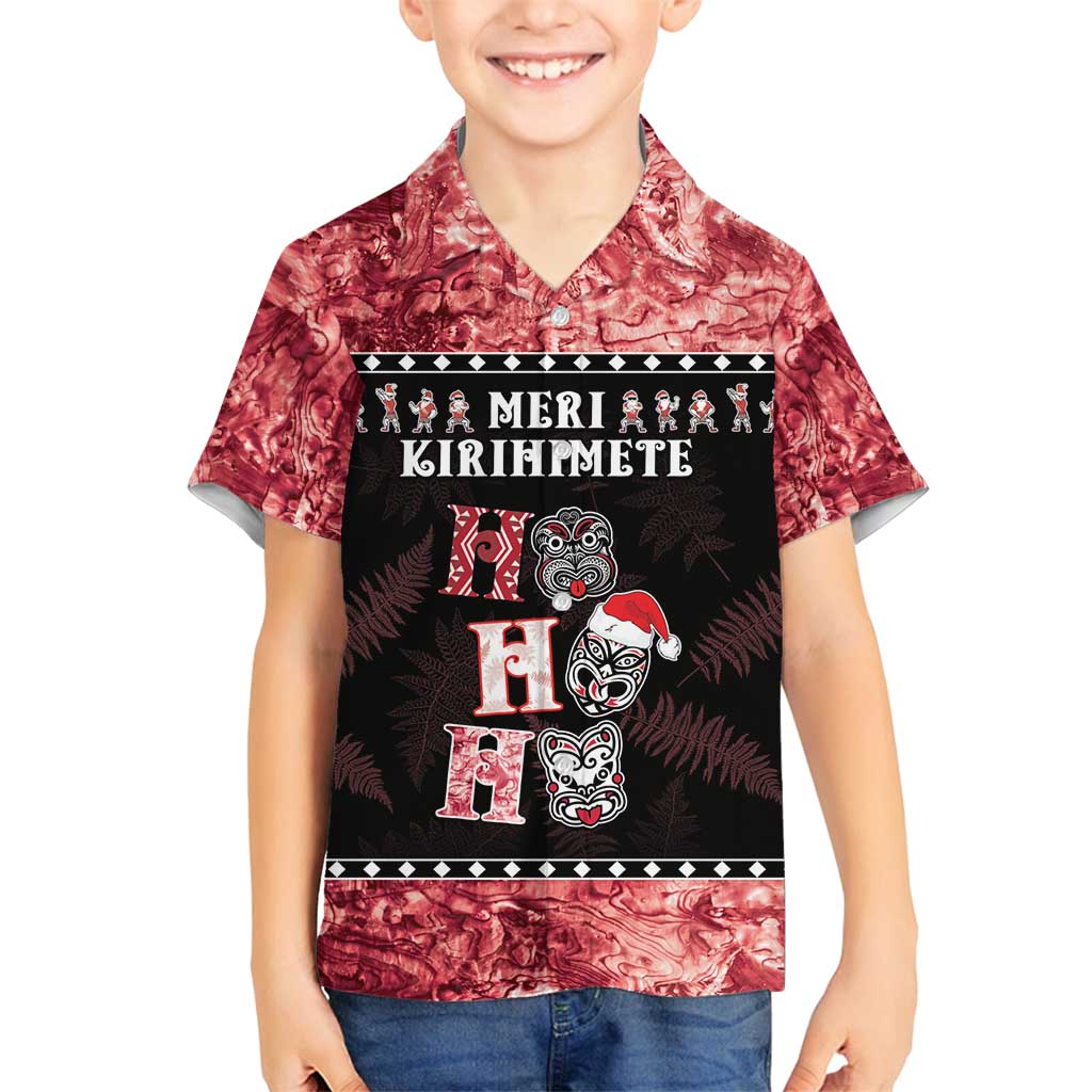 Personalised New Zealand Tiki Christmas Family Matching Tank Maxi Dress and Hawaiian Shirt Ho Ho Ho Paua Shell Glitter Red LT05 Son's Shirt Black - Polynesian Pride