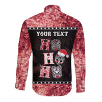 Personalised New Zealand Tiki Christmas Long Sleeve Button Shirt Ho Ho Ho Paua Shell Glitter Red LT05 - Polynesian Pride